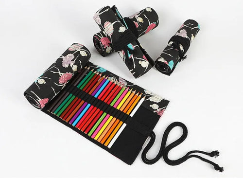 Square canvas pencil case with ballet girl print, shown open to display rolling storage for multiple pencils.