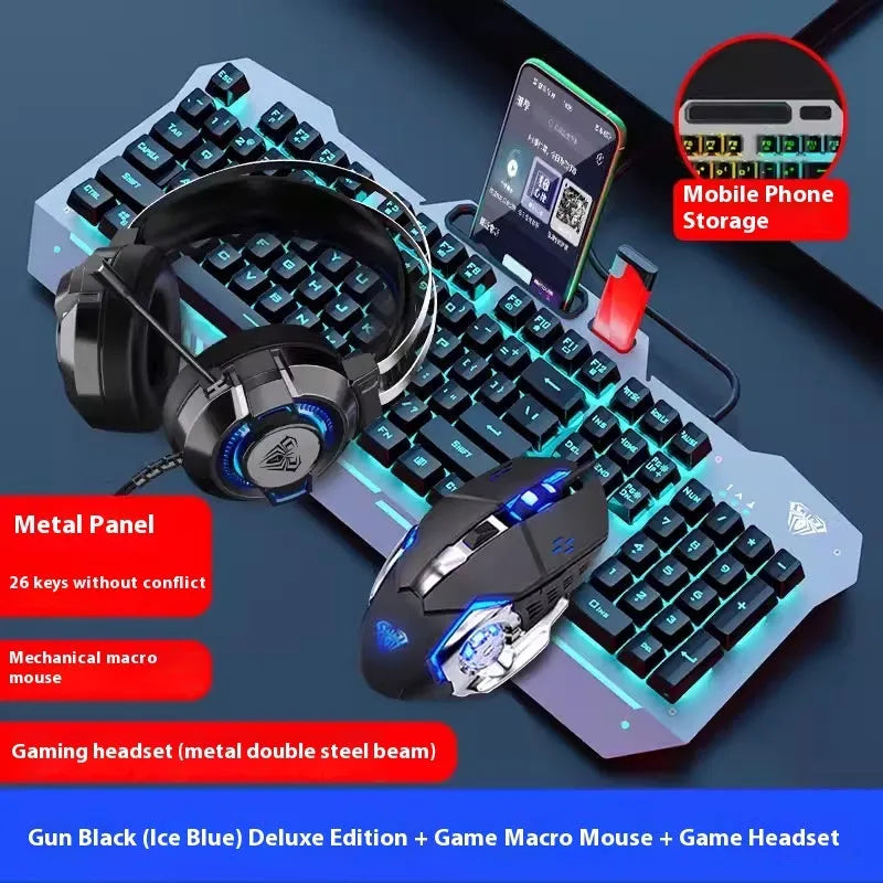 Black and white wired keyboard mouse headset bundle for desktop computer setups