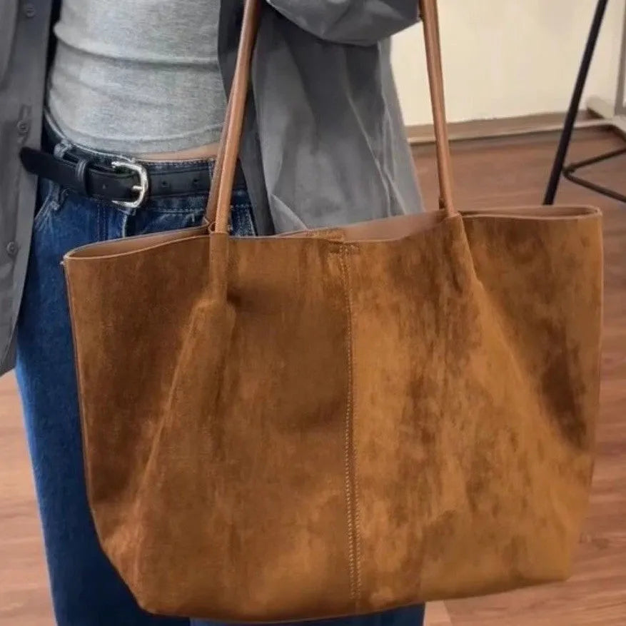 Coffee colour PU retro large capacity commuter tote bag with double straps and document pocket