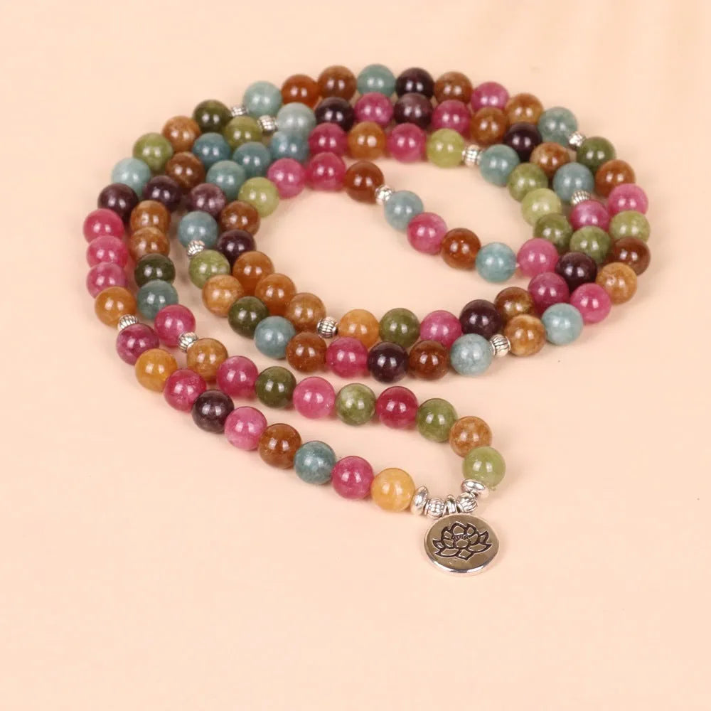 Tourmaline coloured alloy bracelet with 108 beads in lotus hanging multi-layer design