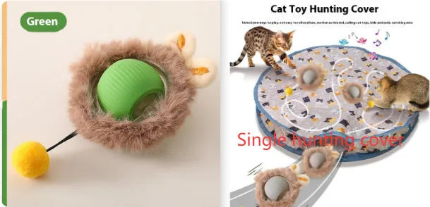 Flexible silicone rolling ball cat toy in plush red, green, and grey colours