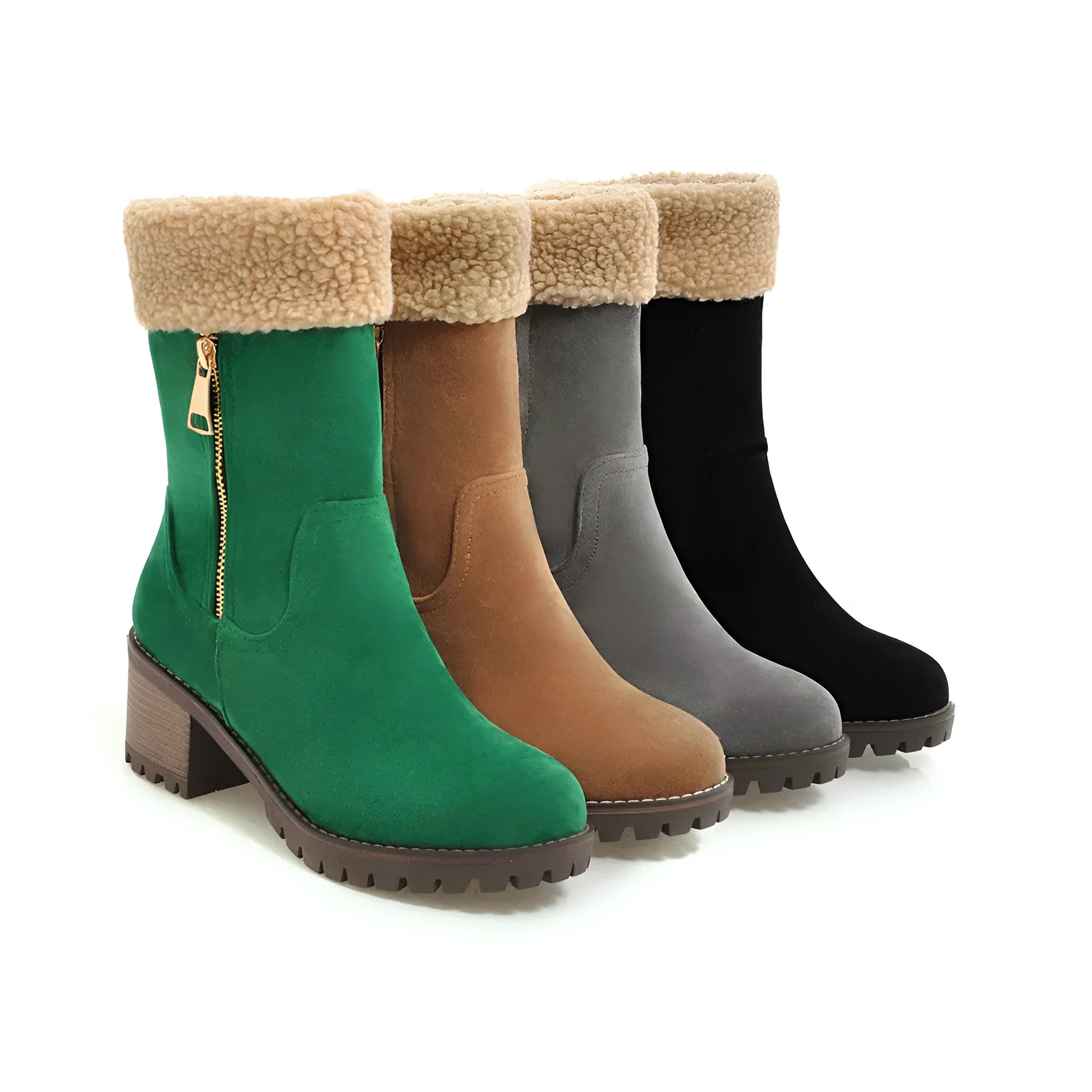 A pair of snow boots with a short plush lining and rubber insole, shown in multiple colours.