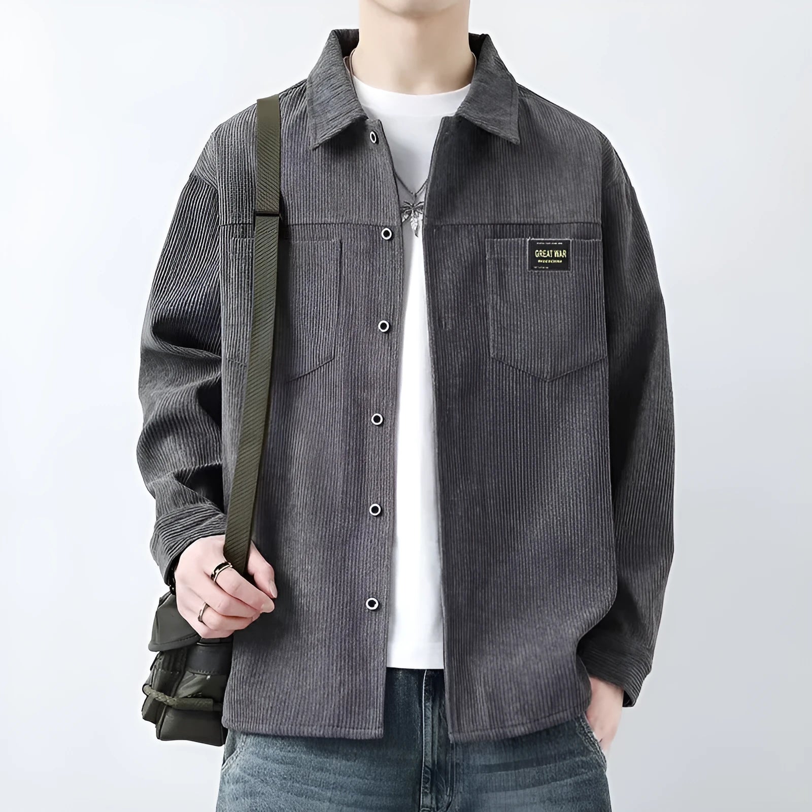 Men's corduroy jacket in khaki, shown as a long-sleeved cardigan shirt