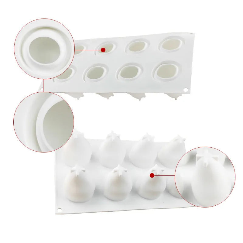 Silicone baking mould with six cavities shaped like pineapples and pine cones for making Italian mousse desserts