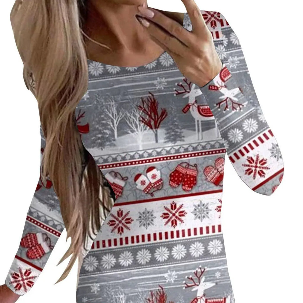 Women's tight-fitting Christmas dress with animal print and long sleeves in a floral colour.