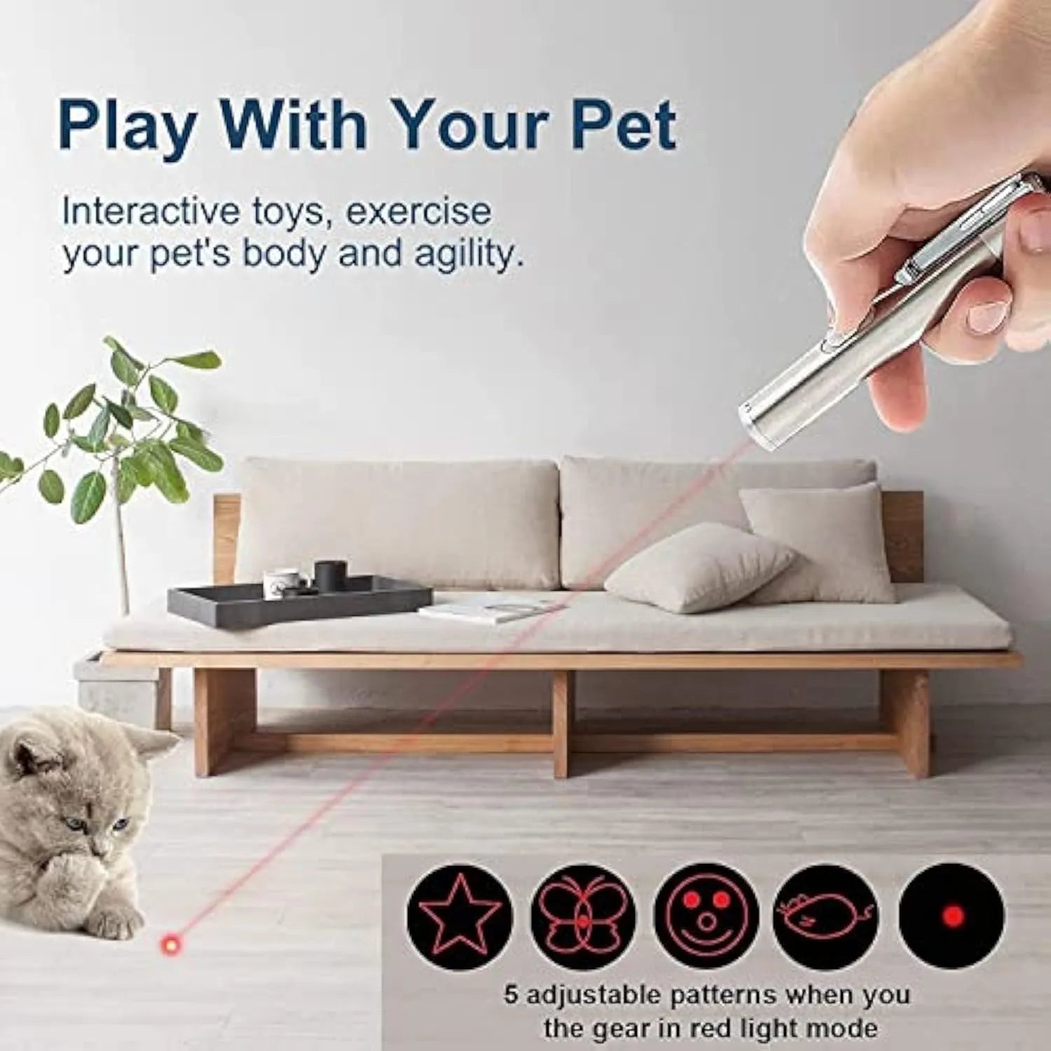 Silver aluminium cat laser pointer toy with USB charging showing light pattern modes