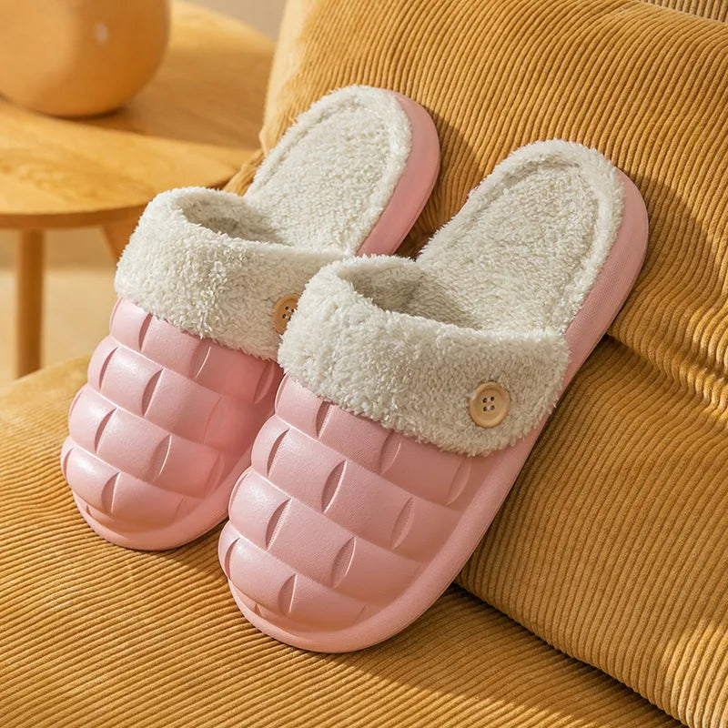 Women's pink detachable sole plush house slipper with round toe and flat heel