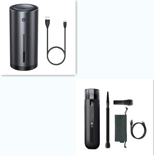 Black handheld wireless car vacuum cleaner with nozzle and blowing hose accessory