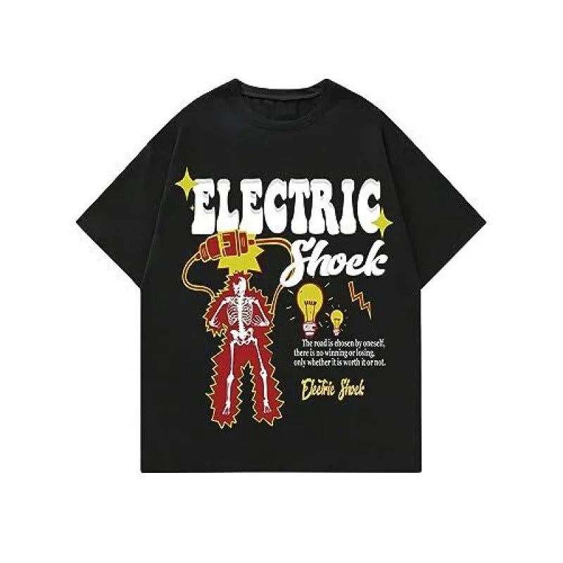 Men's short-sleeved printed street t-shirt on a hanger, showing digital print pattern on polyester fabric.