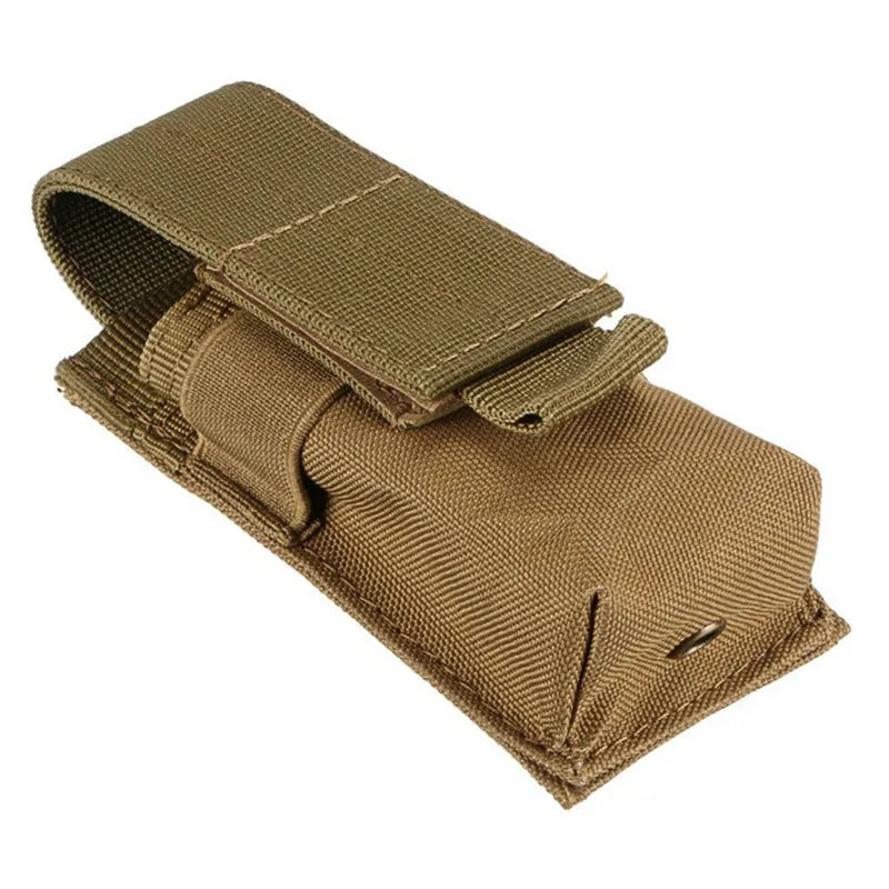 Military tactical waist bag with MOLLE straps and elastic cord closure in camouflage pattern