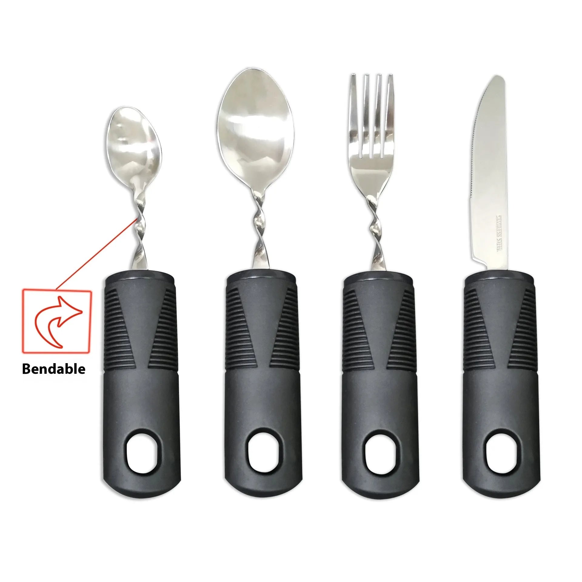Adaptive cutlery set with stainless steel utensils and rubber grip handles for hand tremor assistance