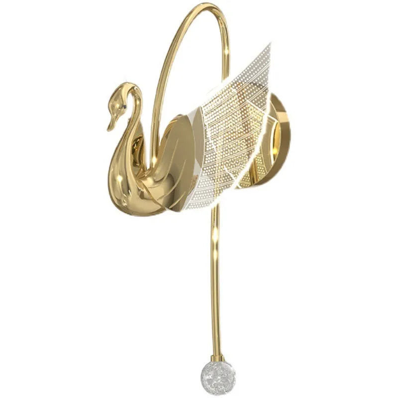 Gold modern swan-shaped wall-mounted bedside lamp with acrylic shade and dimmable LED light.