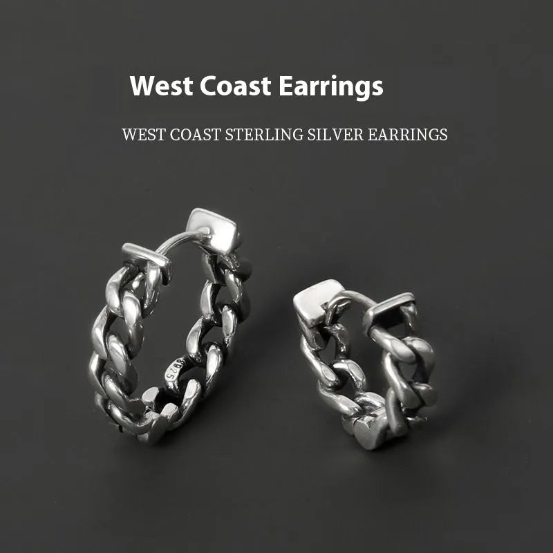 Men's geometric copper earrings in silver, shown in 10mm and 14mm sizes on a plain background.
