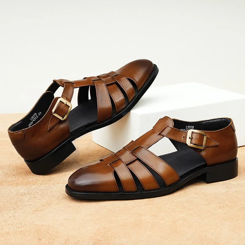 Genuine leather retro business summer men's shoes in brown and black with rubber sole