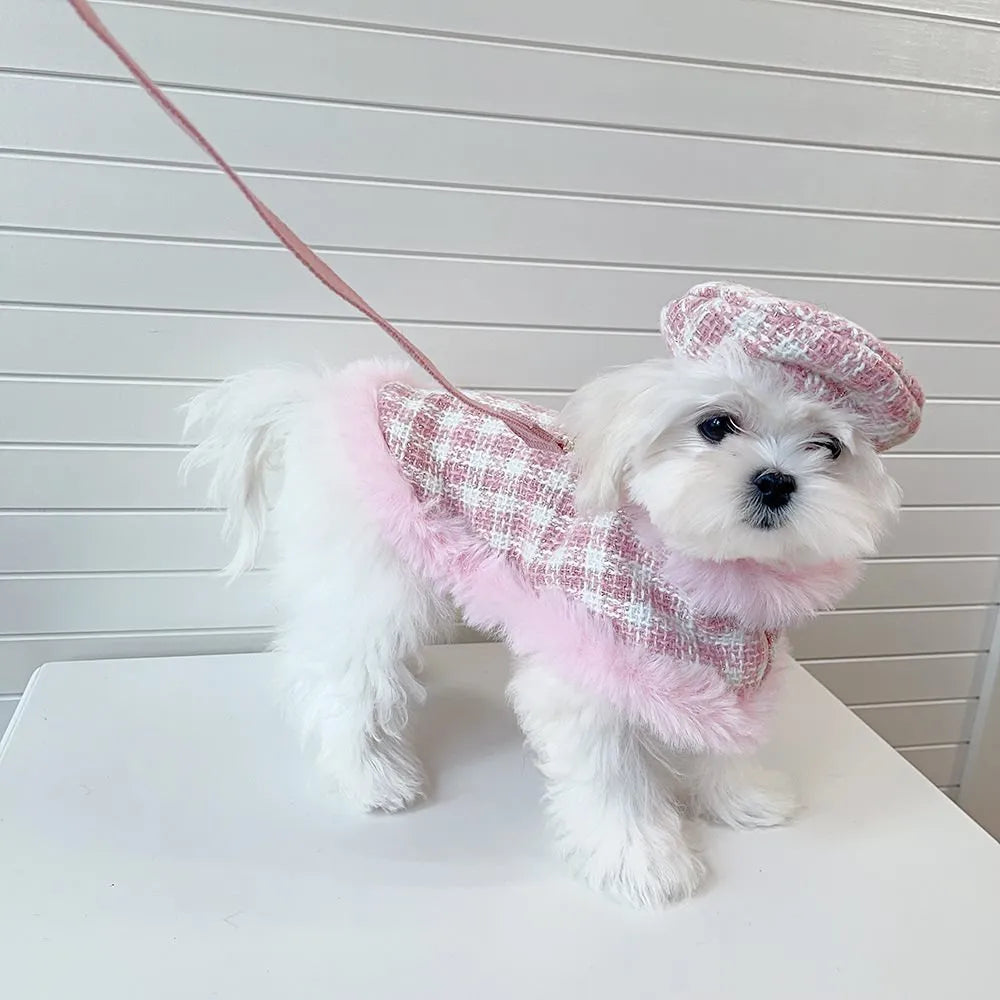 Pink polyester cat costume with beret and cloak outfit for female cats