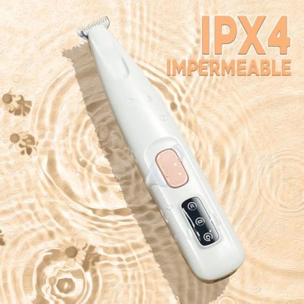 White rechargeable electric dog paw trimmer with LED light on a compact, low-noise grooming clipper.