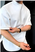 White men's cotton t-shirt with buttoned round hem detail and collarless neckline