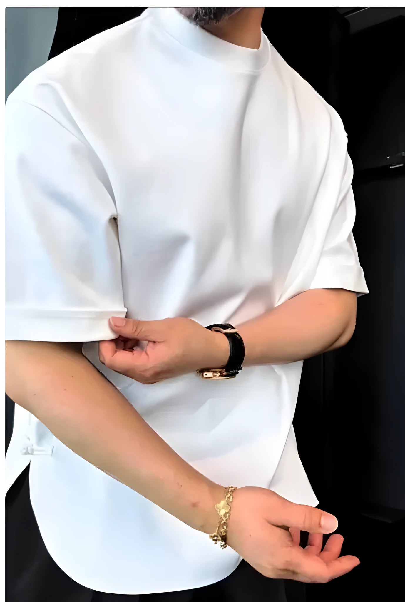 White men's cotton t-shirt with buttoned round hem detail and collarless neckline