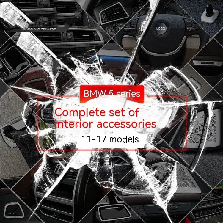 Black ABS and stainless steel interior handle trim strips for BMW 5 Series F10/F1 models, four-piece set.