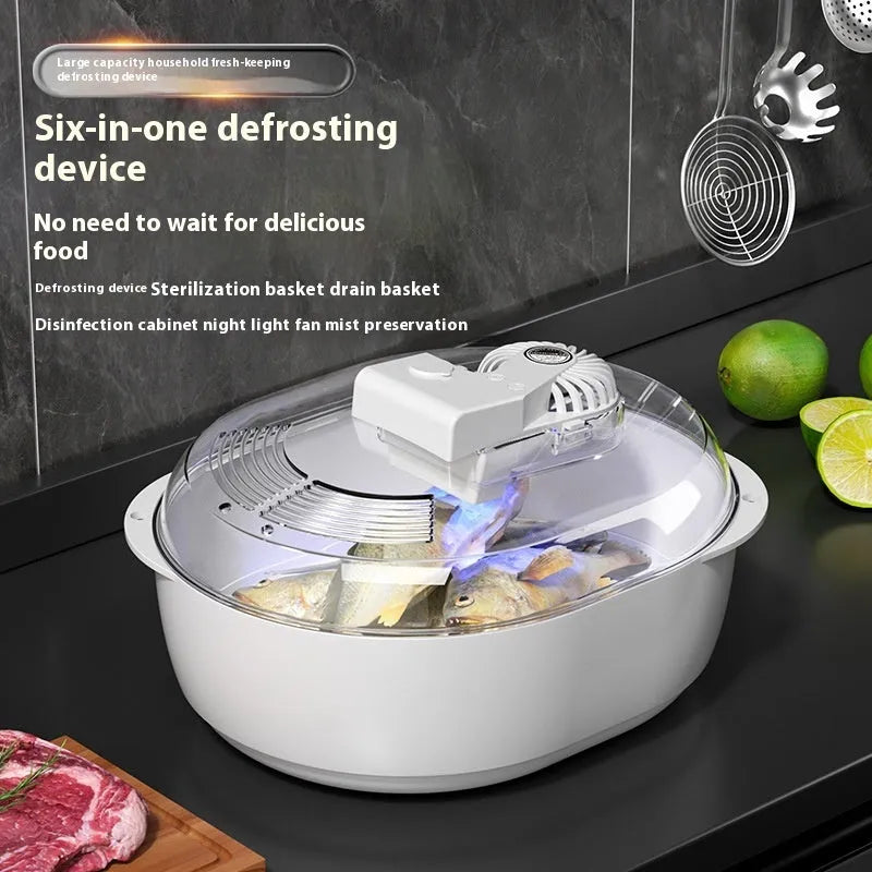 Aluminium household food defrosting plate with USB cable in modern style.