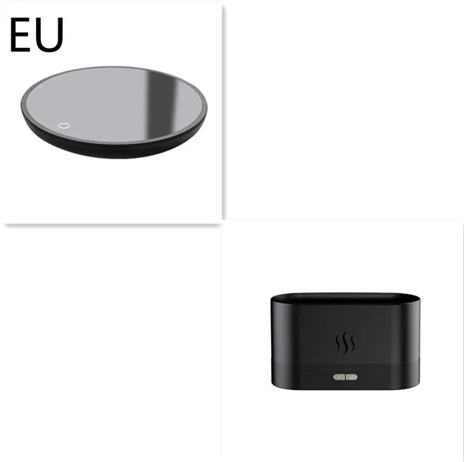 Square 180ml ultrasonic aroma diffuser with flame LED light in black, on a desk with visible mist