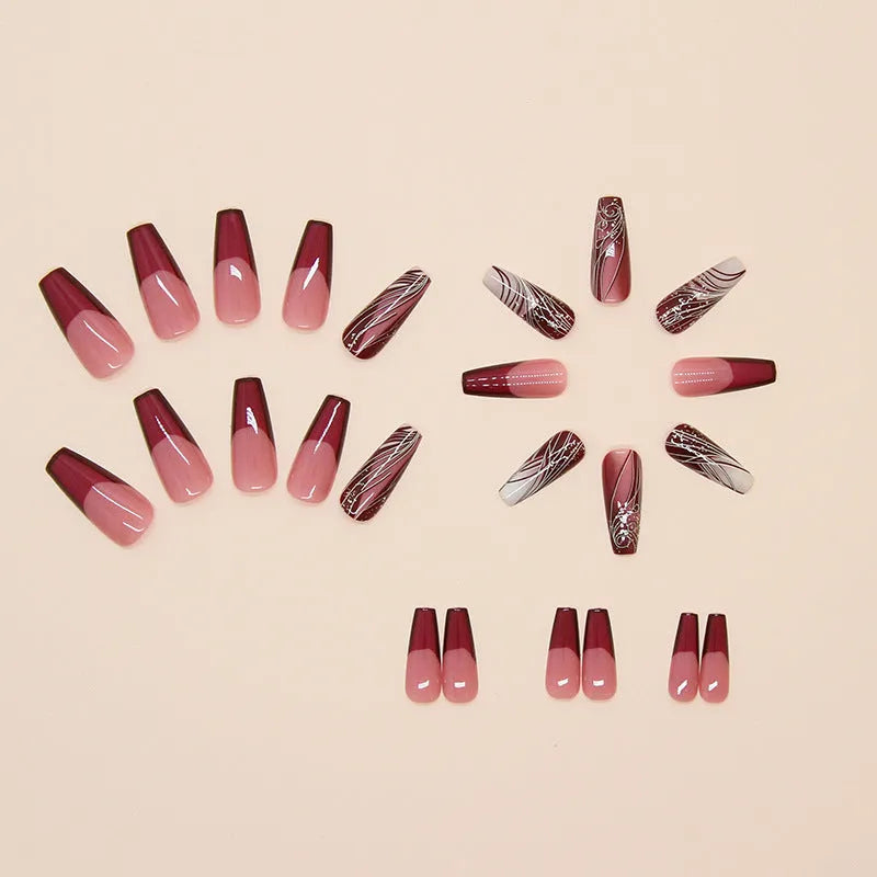 Set of 24 French line pattern artificial nail stickers with glue tube.