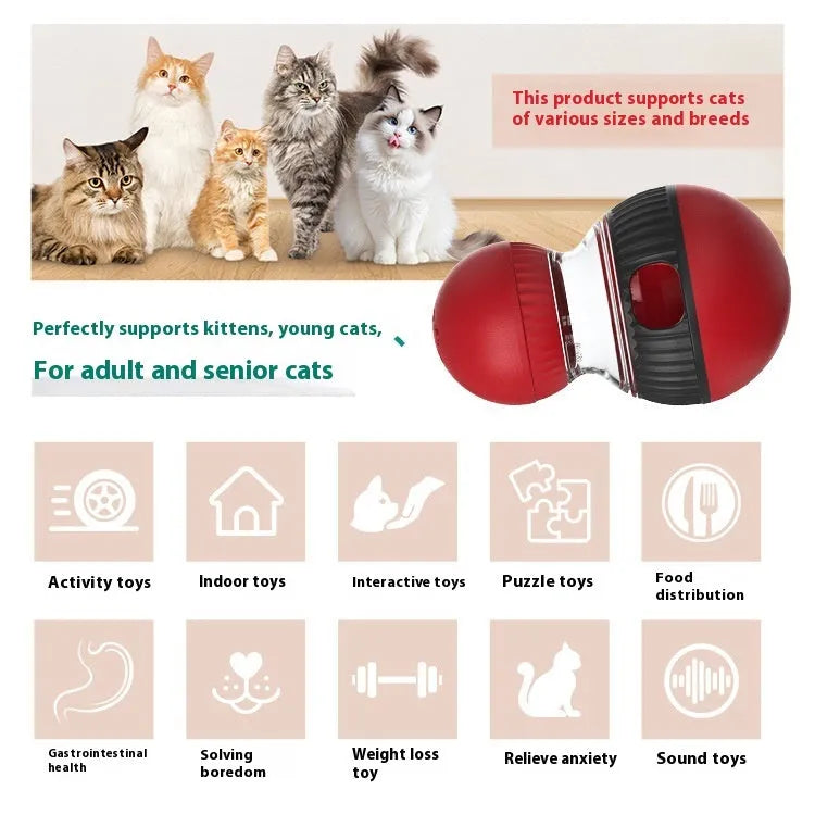 Rotating plastic cat toy with food dropping ball and sound effects for interactive pet play