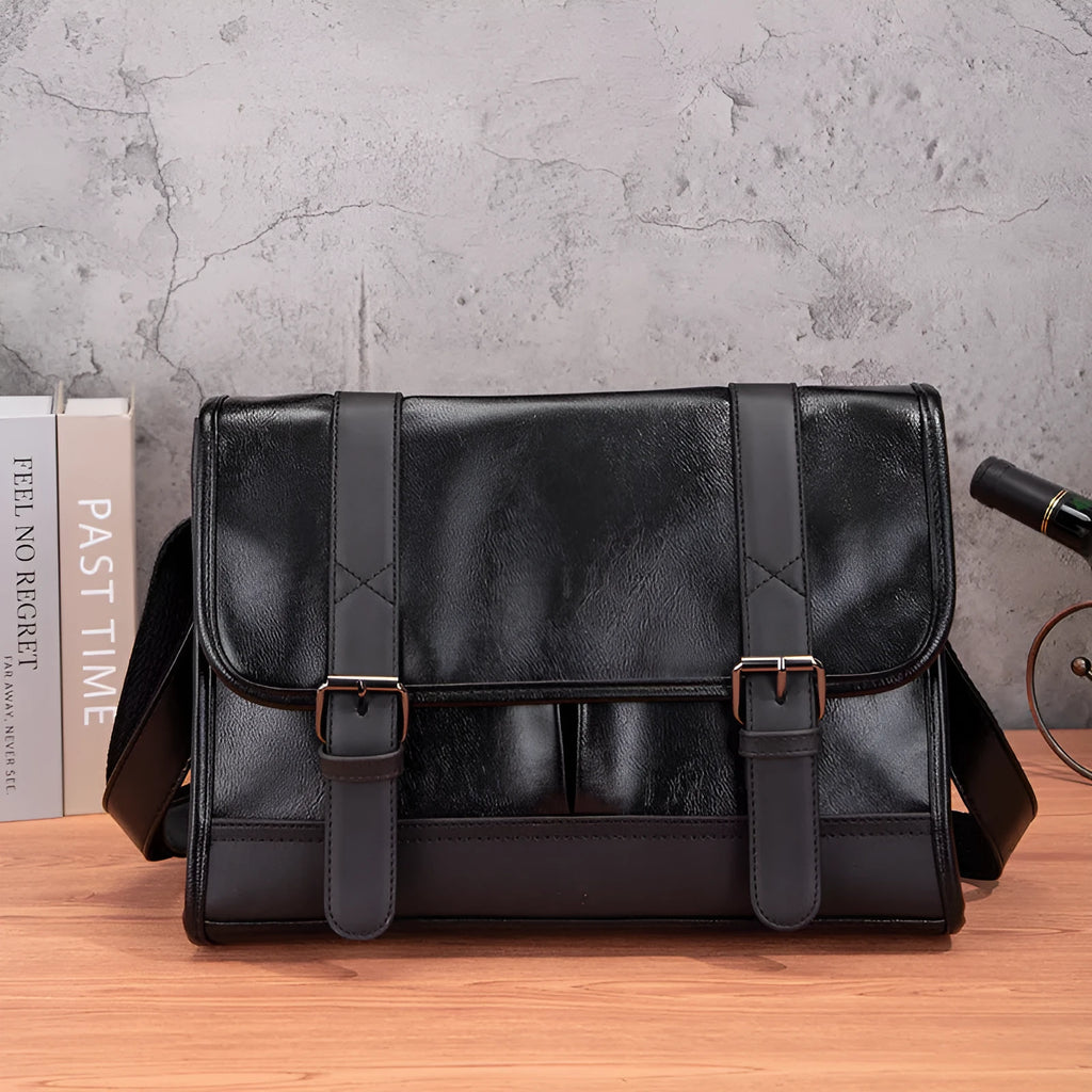 Black Korean-style men's anti-theft backpack with PU leather exterior and contrast stitching
