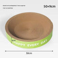 A green round cat nest with a built-in scratching board, shown in 50cm and 55cm size options.