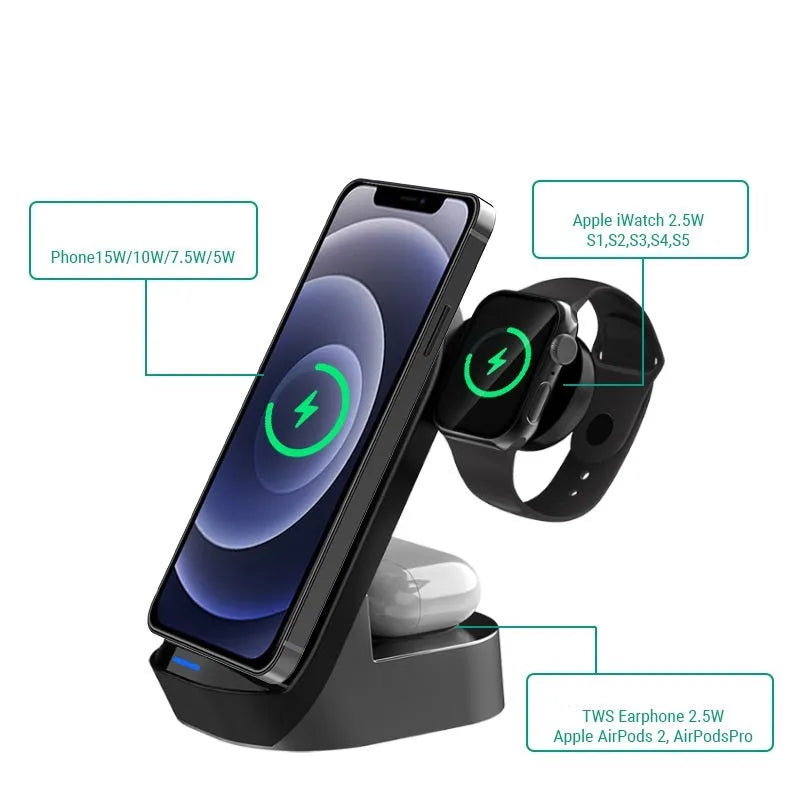 Black grey foldable 3-in-1 wireless charger stand for iPhone Apple Watch AirPods
