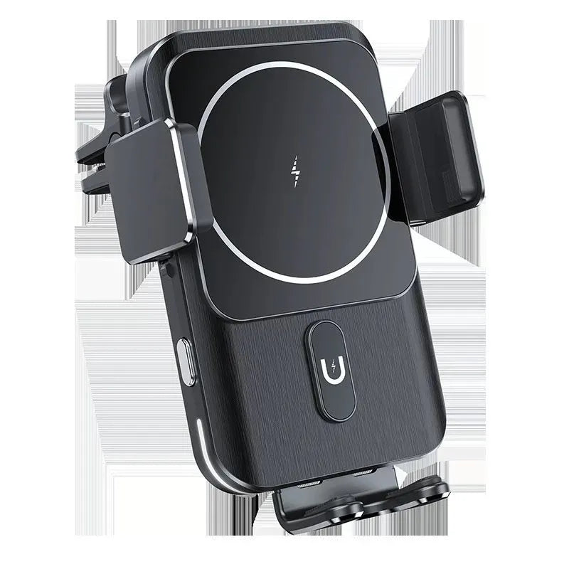Black car wireless charging phone holder showing 15W charging capability with clip and suction cup mounting options