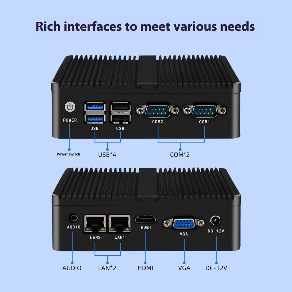 Industrial fanless mini host computer with quad-core processor, dual network ports, 13.6cm compact metal chassis for embedded control systems