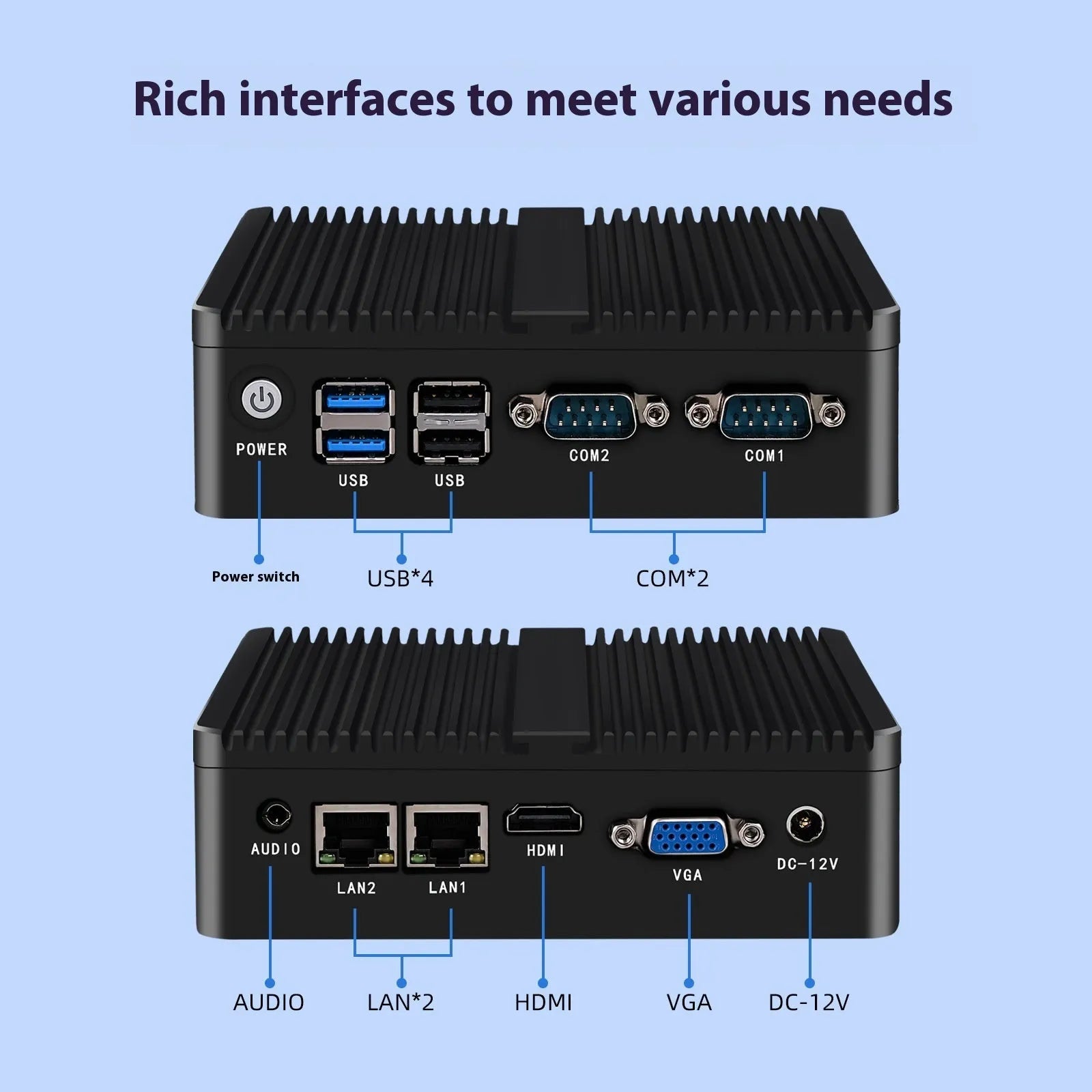 Industrial fanless mini host computer with quad-core processor, dual network ports, 13.6cm compact metal chassis for embedded control systems