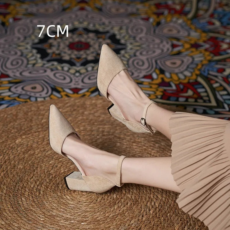 Women's all-match casual large size suede hollow high heels with stout heel, black colour, 5CM height