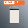 Set of A5, B5 and A4 writing pads with blank, grid and lined paper options showing tearable pages
