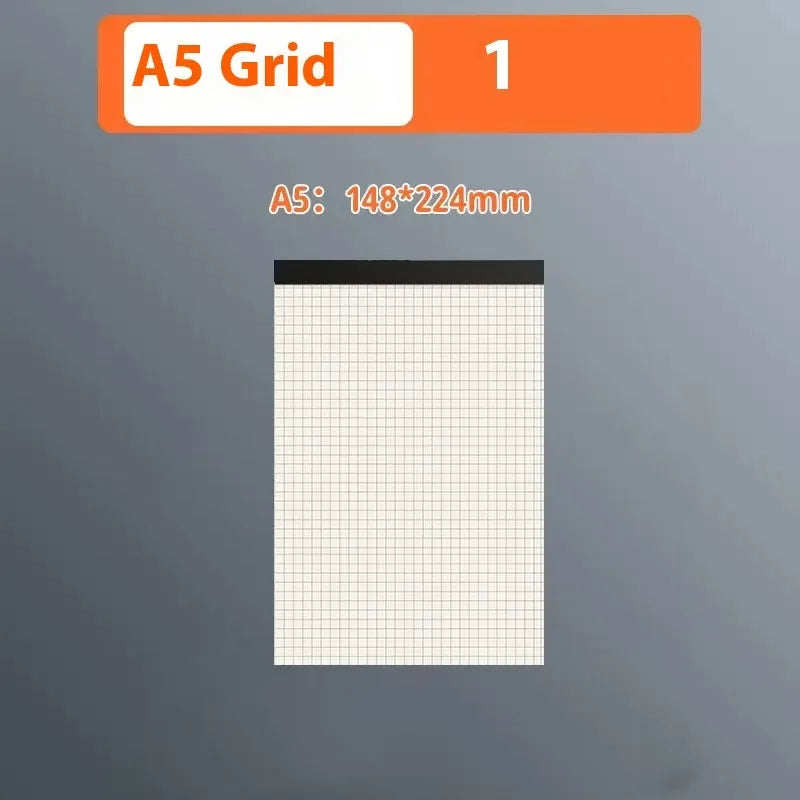 Set of A5, B5 and A4 writing pads with blank, grid and lined paper options showing tearable pages