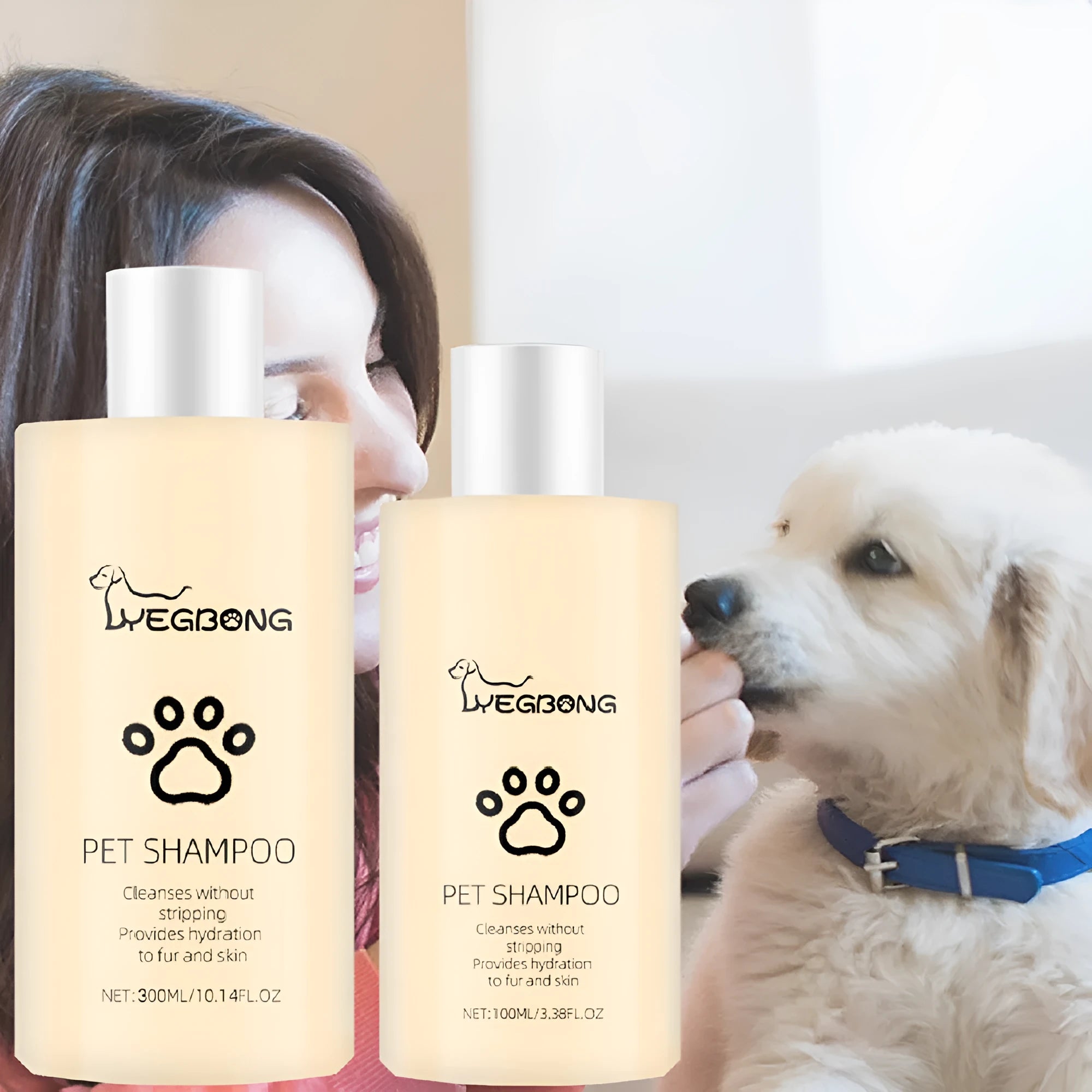 Bottle of mild pet shampoo for dogs and cats in 100ml or 300ml size.