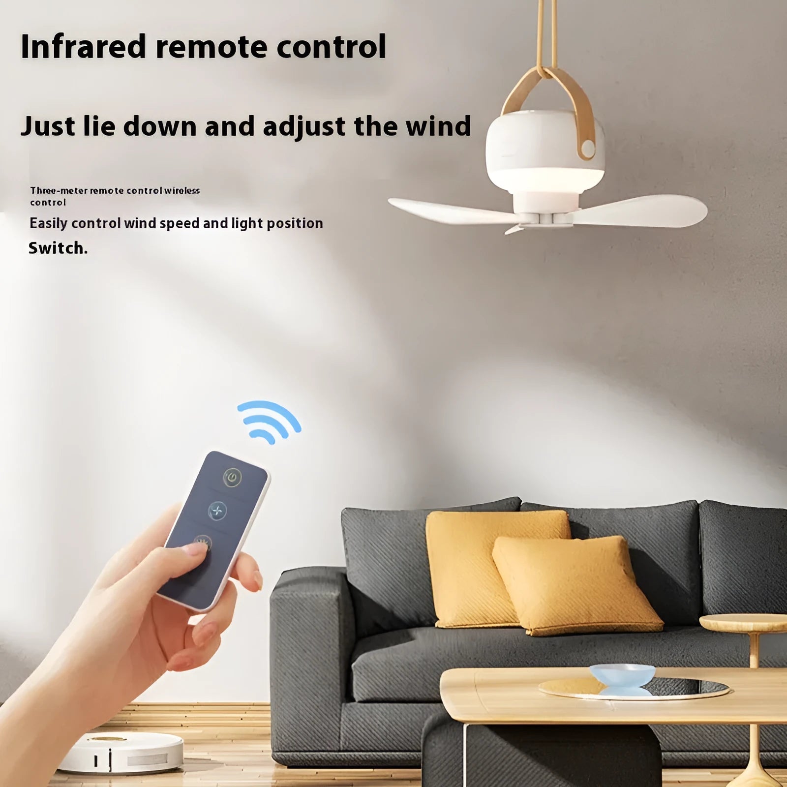 Small white rechargeable ceiling fan with blades and LED light, shown with remote control and charging cable.