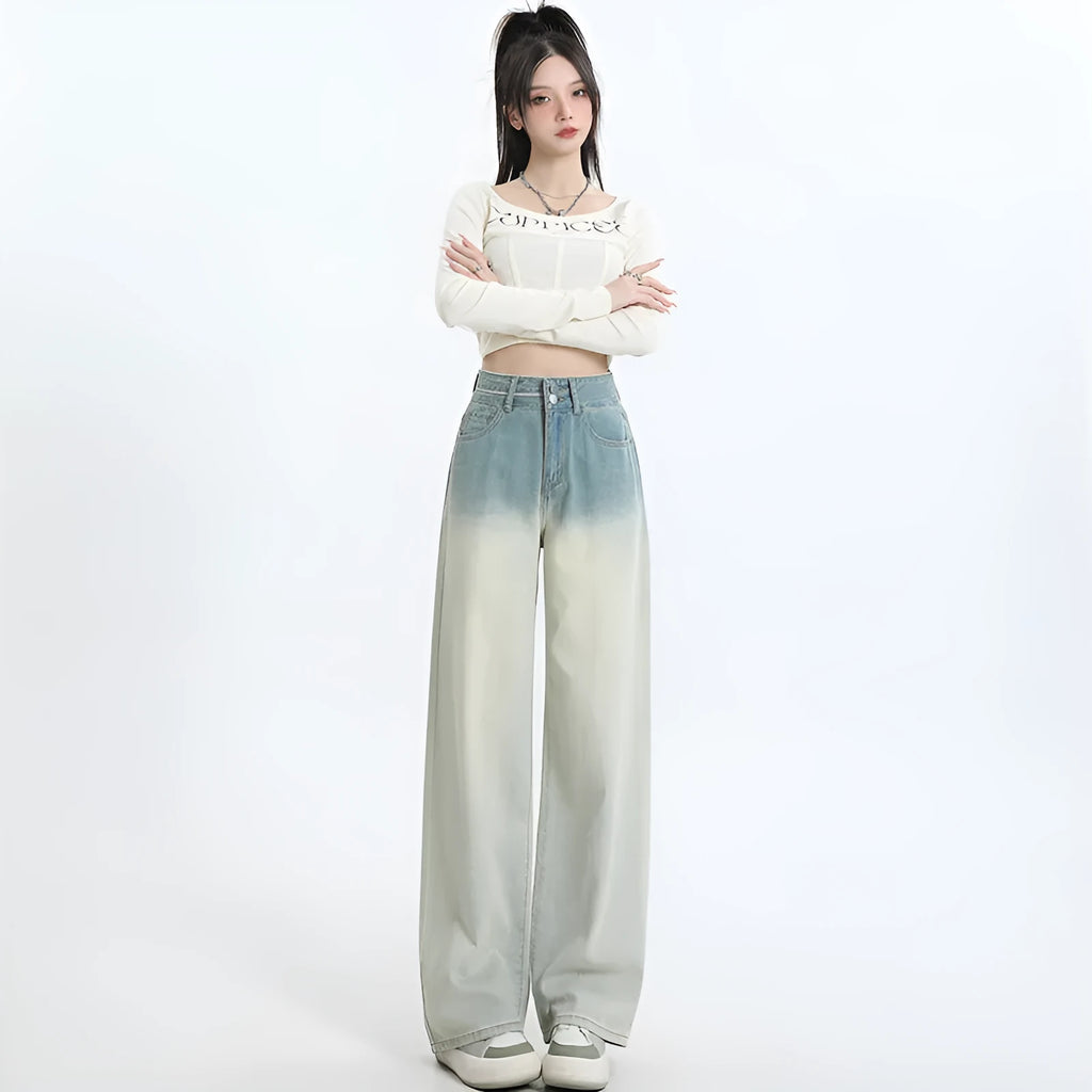 Gradient blue women's straight-leg trousers with wide-leg design and cotton composition