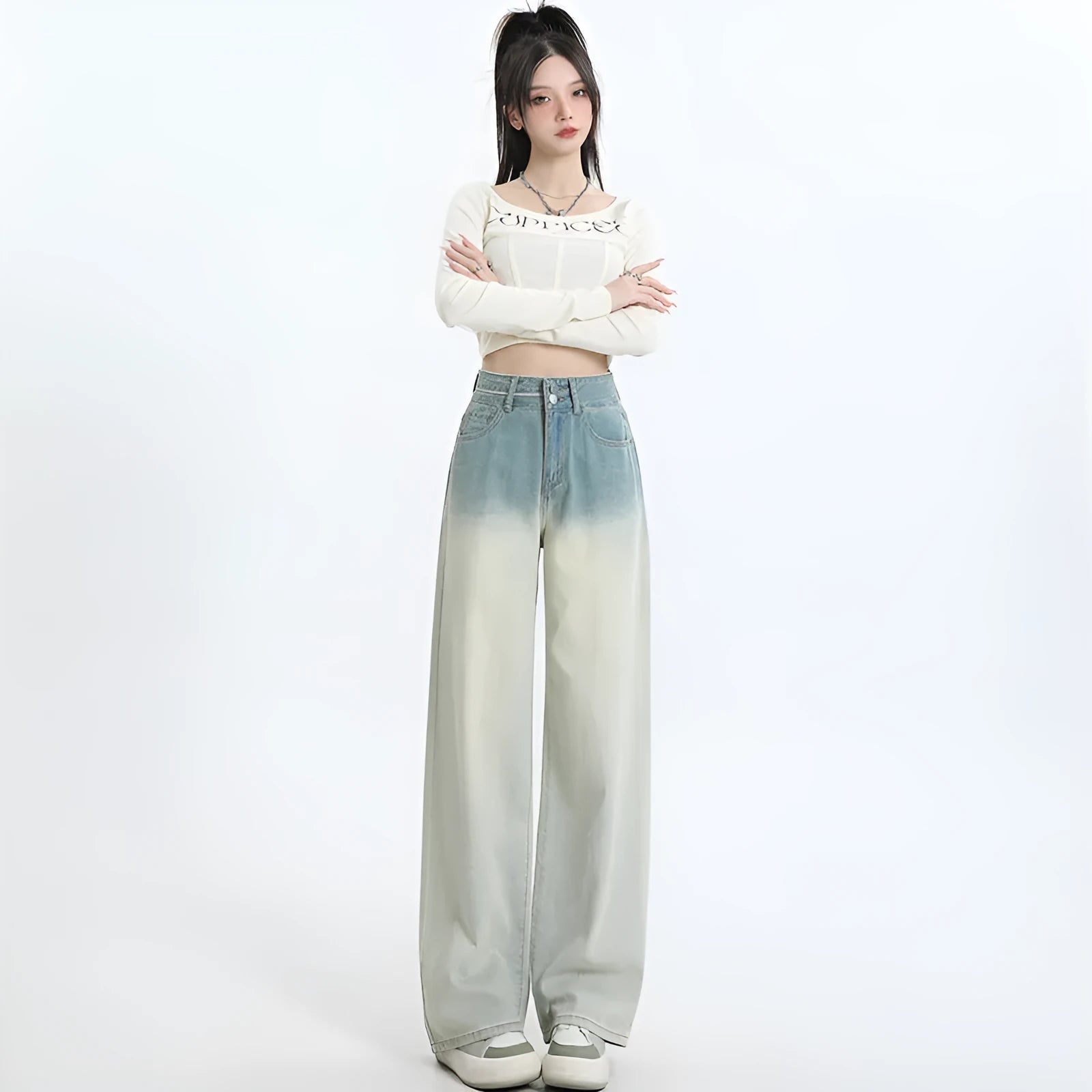 Gradient blue women's straight-leg trousers with wide-leg design and cotton composition