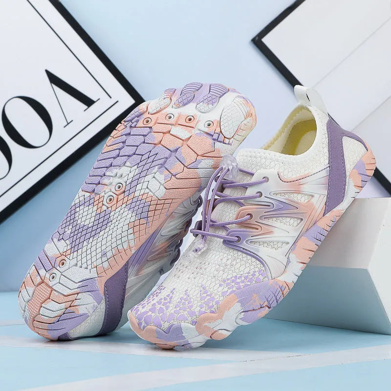 Men's and women's quick-drying wading beach shoes with mesh upper, non-slip rubber sole, and front lace-up design in multiple colours