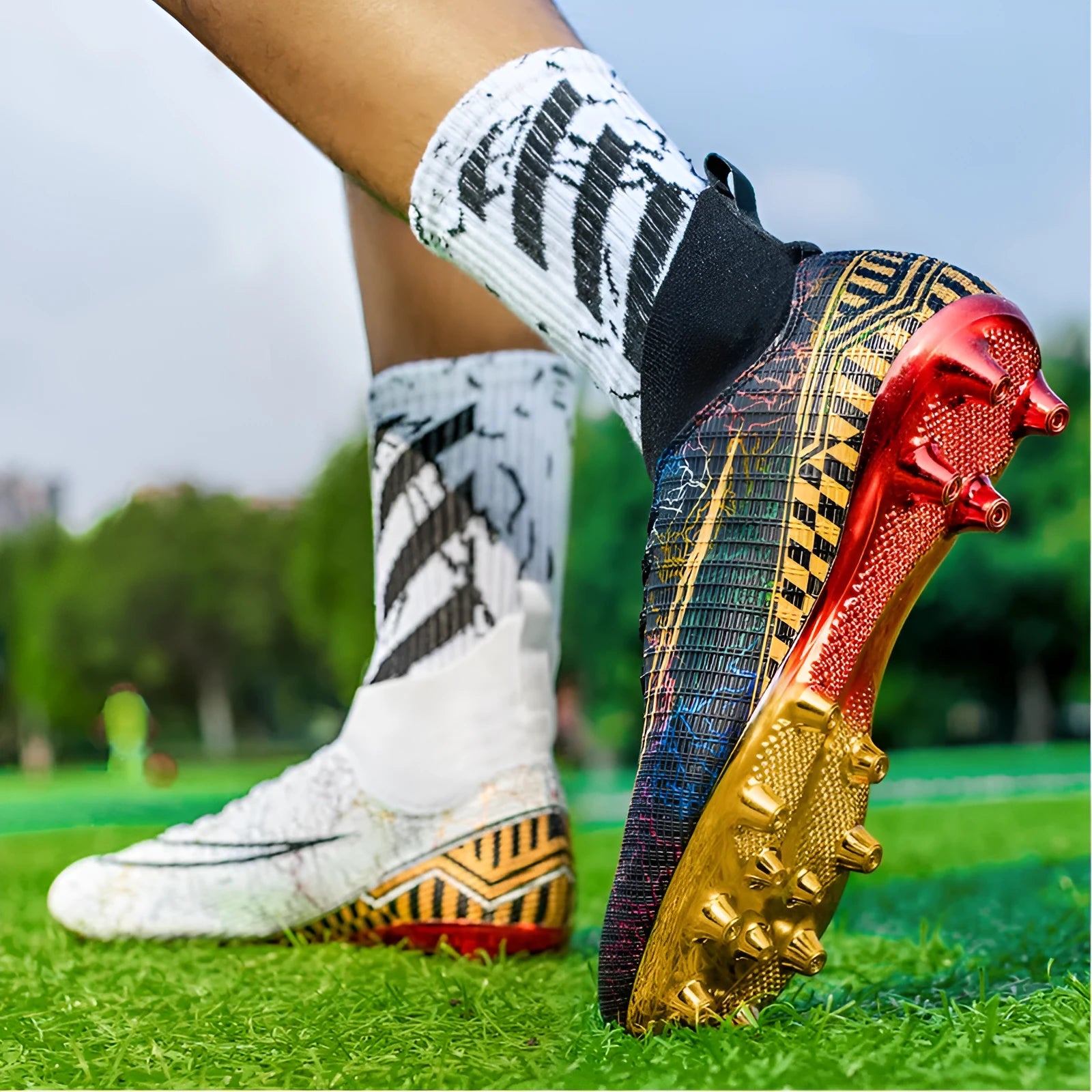 High-top soccer training shoes with gold-plated sole in synthetic leather and mesh construction