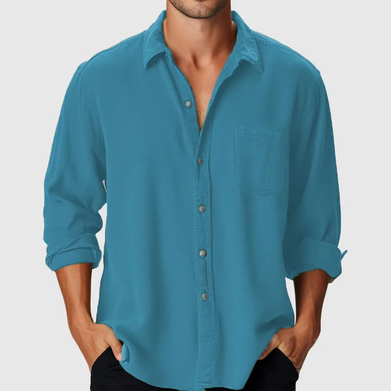 Men's pure colour beach holiday shirt with stand collar and long sleeves in loose polyester fit