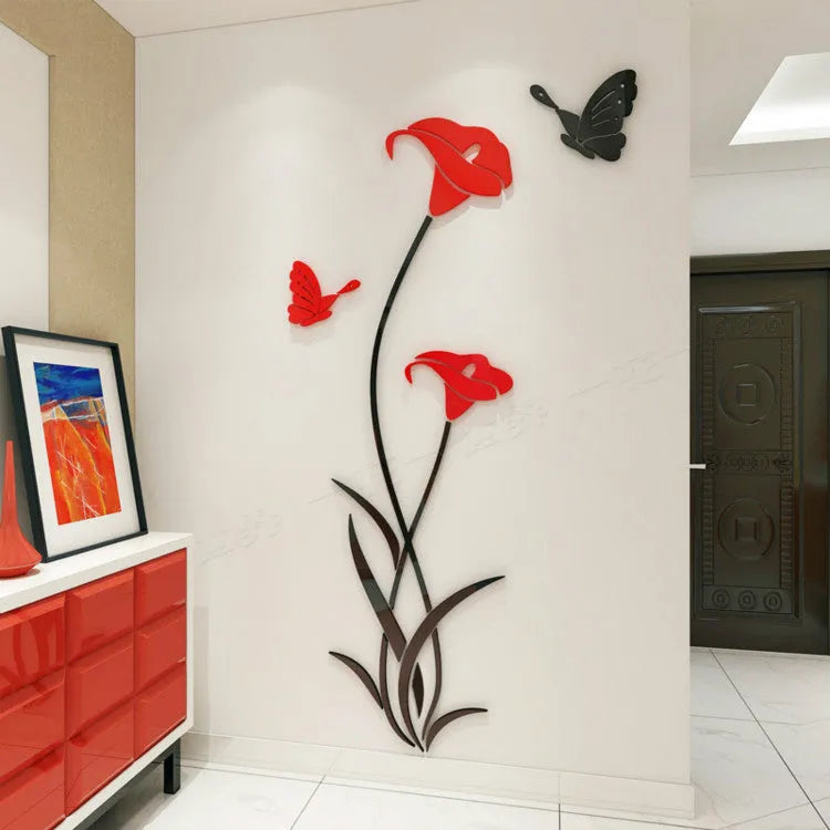 3D acrylic lily wall sticker in silver colour, showing its raised silhouette against a plain wall.
