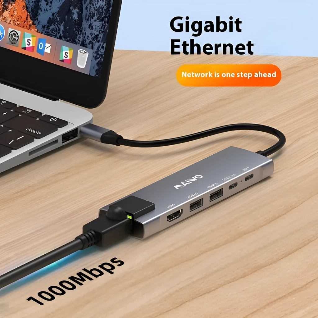 Steam Deck six-in-one aluminium docking station with HDMI, Ethernet, USB ports and a 15cm Type-C cable.