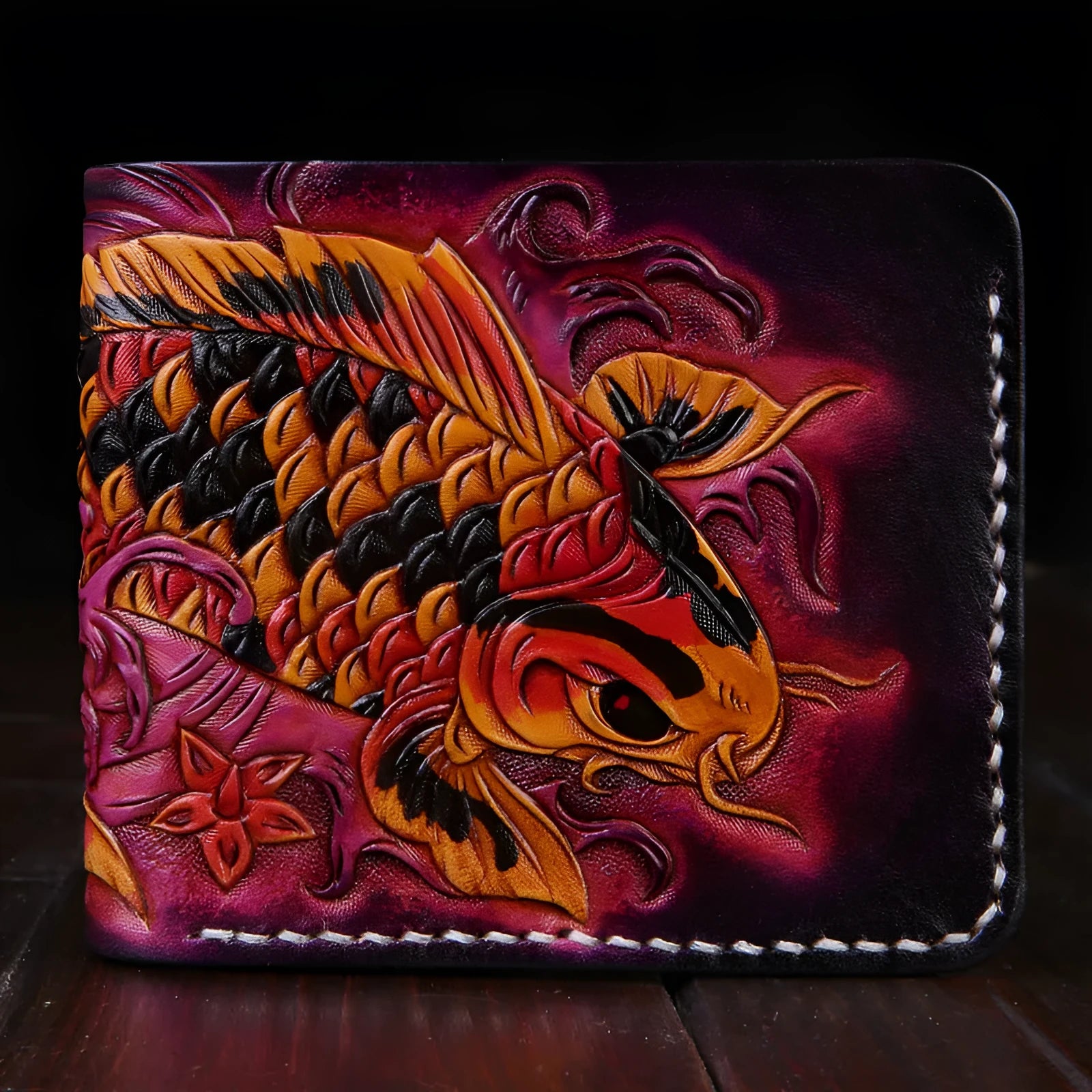 Men's hand-carved cow leather short wallet in red, blue, and gold colour options.