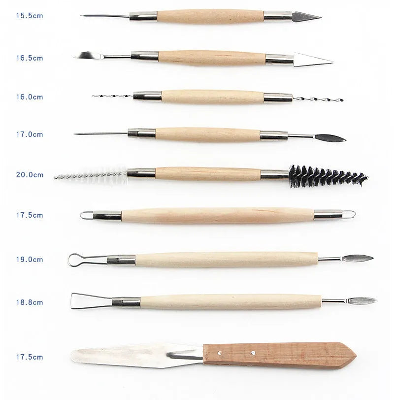 27-piece brown pottery clay tool set with stainless steel, wood and plastic tools rolled in a storage bag.