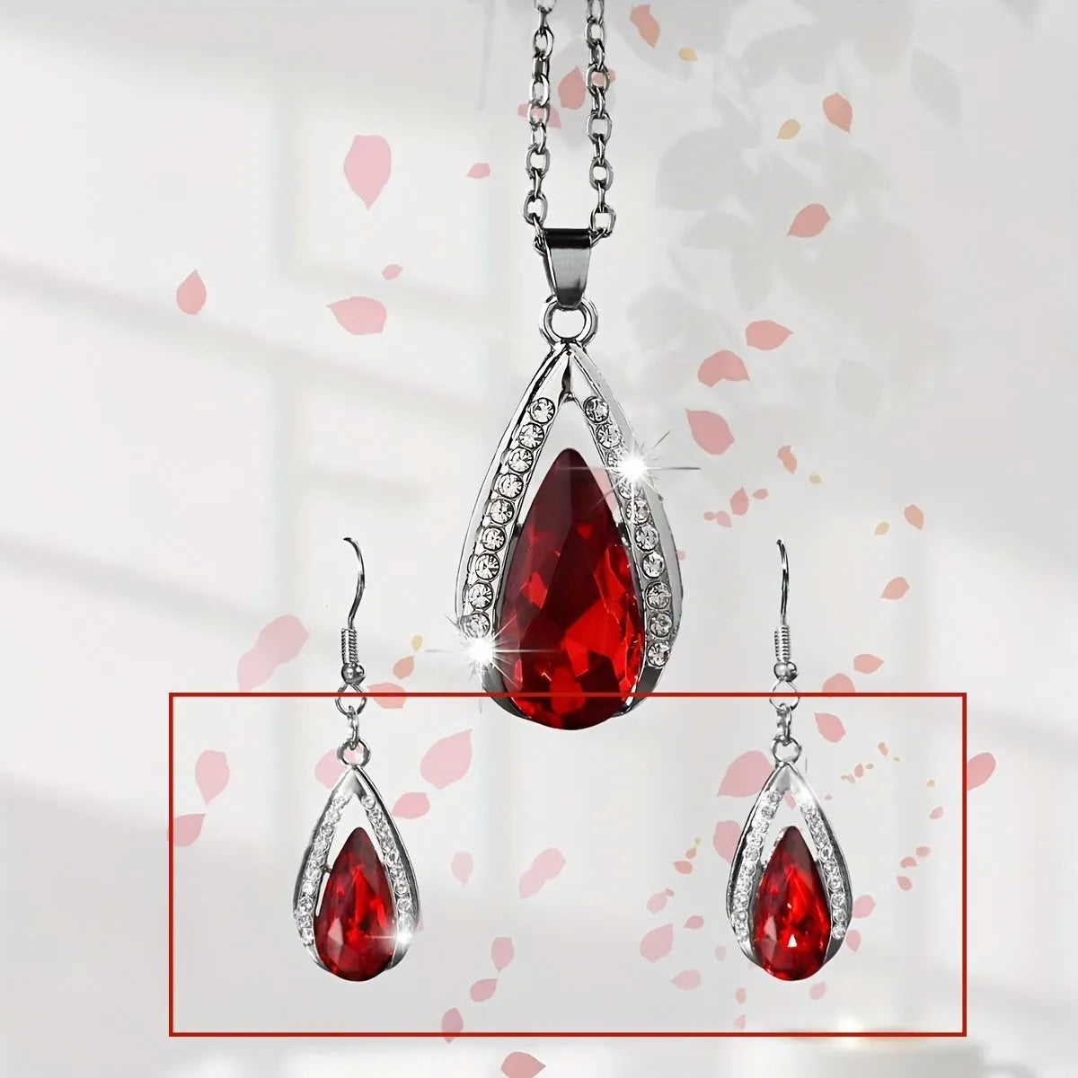 Black and red teardrop glass pendant alloy necklace and matching earrings set