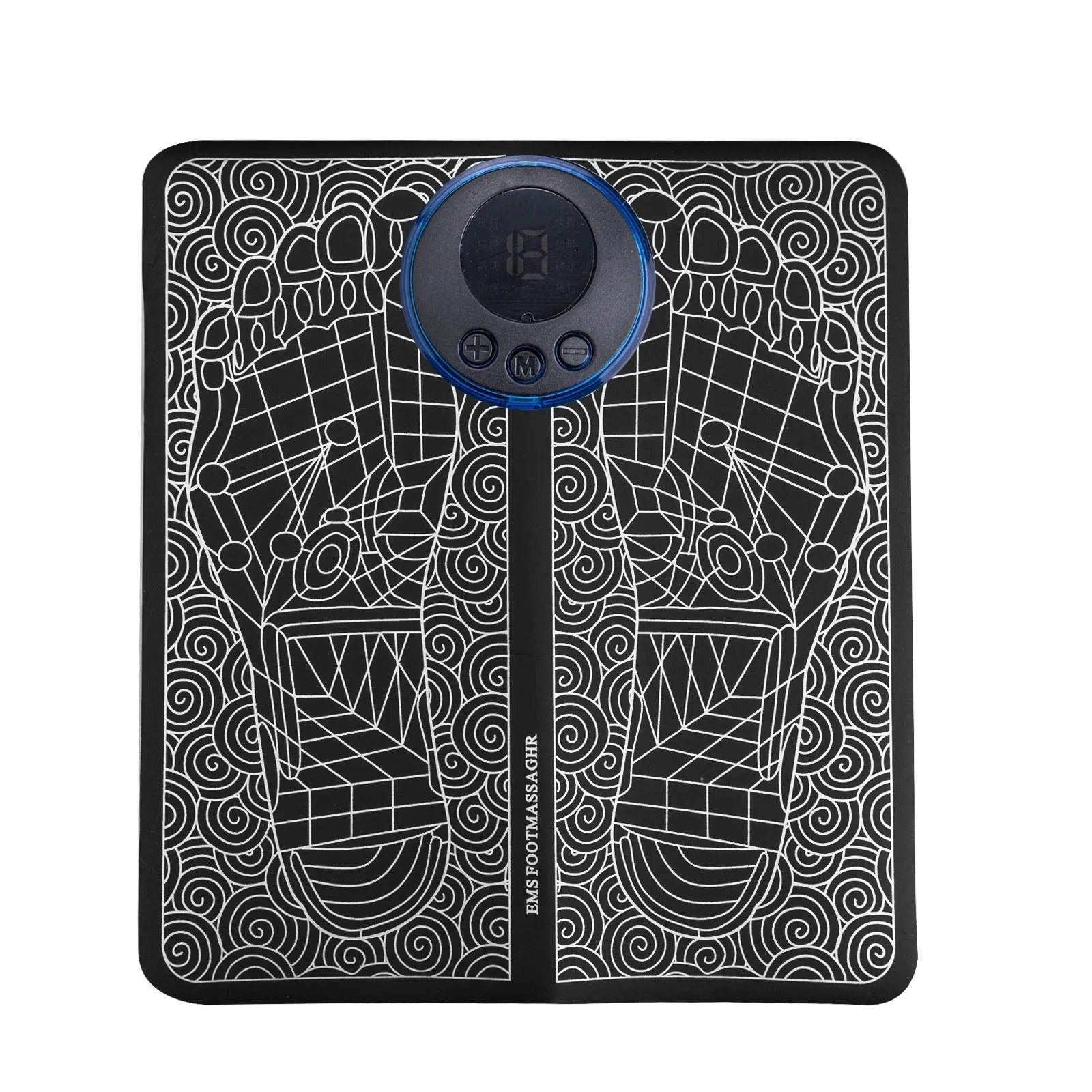 Leather foot massage cushion with LCD screen and wireless remote control on a floor