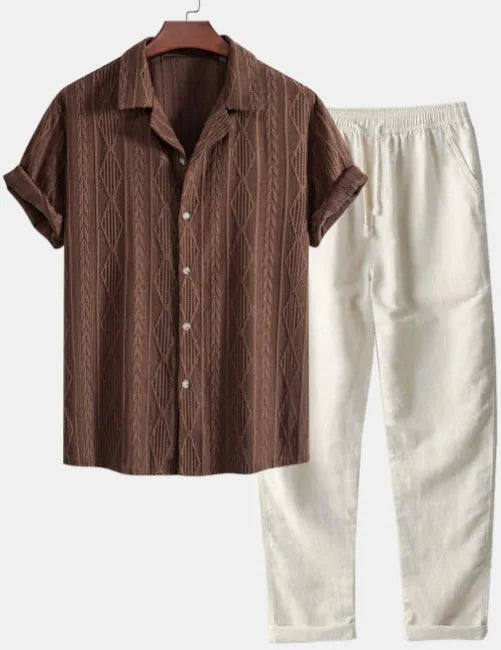 Men's slim fit camouflage print short sleeve shirt and trousers casual suit set